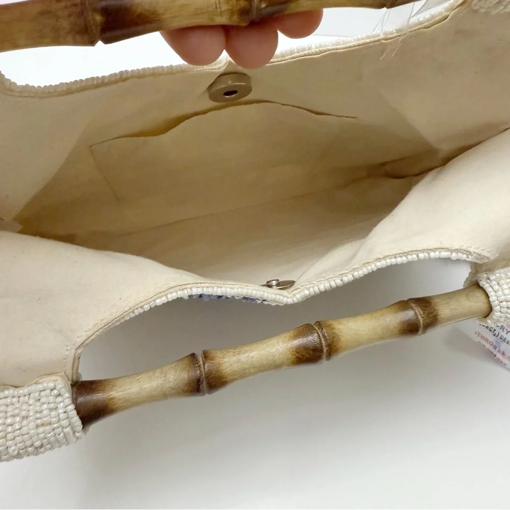 Chinoiserie Blue White Heron Bird Landscape Beaded Wooden Bamboo Clutch India